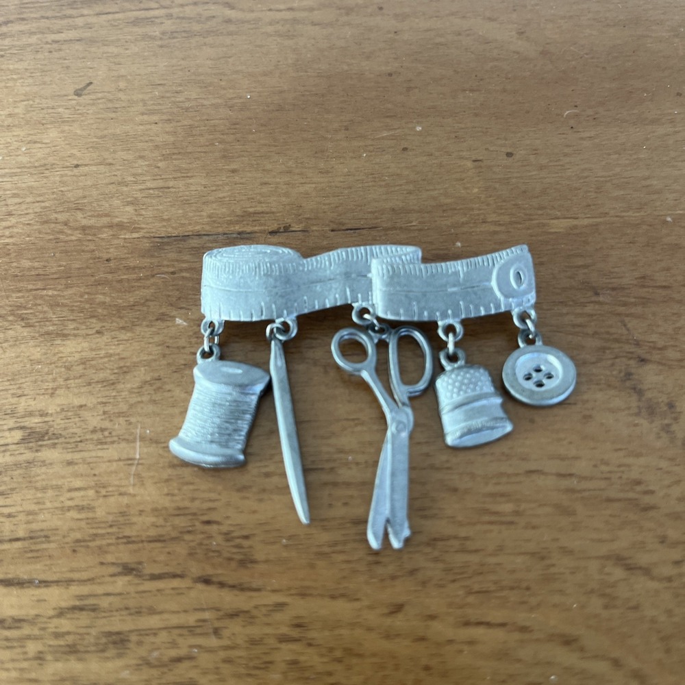 Vintage JJ Pewter Pin Brooch Sewing Charms Spool Thimble Needle Button Scissors